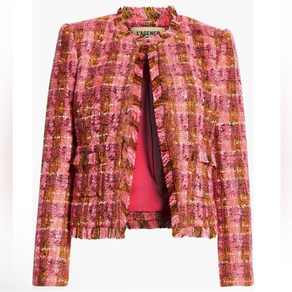 L'Agence 'Angelina' Tweed Raw-Trim Open-Front Blazer Jacket, Fuchsia Pink/Orange - Picture 4 of 9